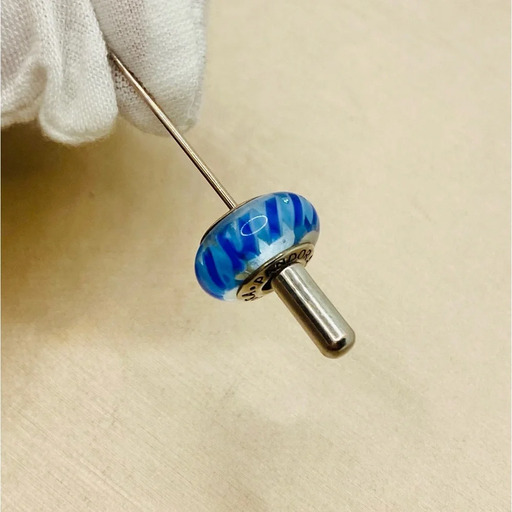 EUC Pandora 790611 Striped Teal & Blue Murano Glass Charm